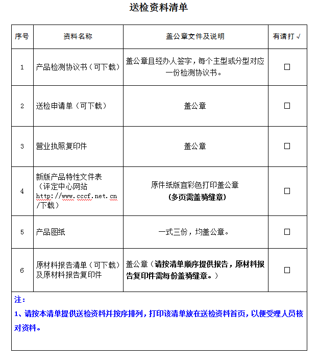 室內(nèi)消火栓產(chǎn)品認證型式試驗業(yè)務(wù)受理送檢資料清單（廣東所）