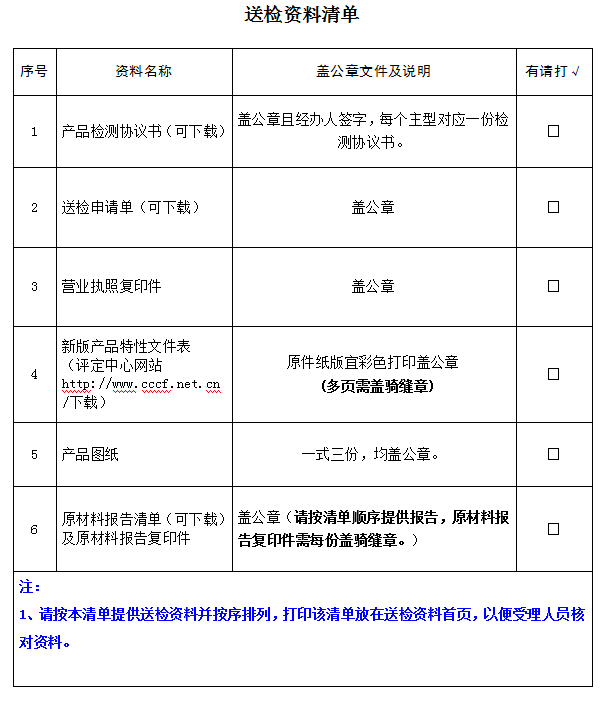 消防水槍產品認證型式試驗業務受理送檢資料清單（廣東所）