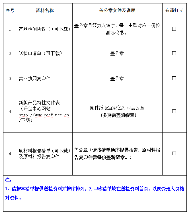 抓繩器產品認證型式試驗業務受理送檢資料清單（廣東所）
