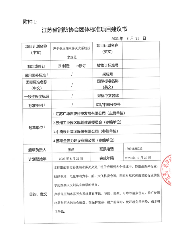 關(guān)于團(tuán)體標(biāo)準(zhǔn)《聲學(xué)低壓細(xì)水霧滅火系統(tǒng)技術(shù)規(guī)范》 立項(xiàng)的公示